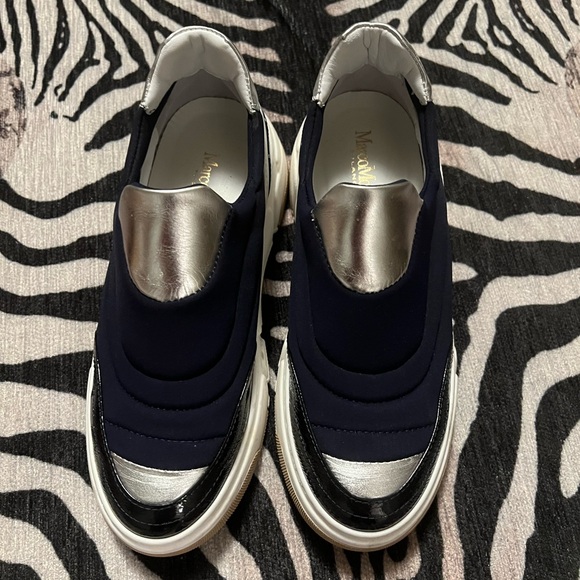 Navy blue platform canvas and leather sneakers - Picture 4 of 5